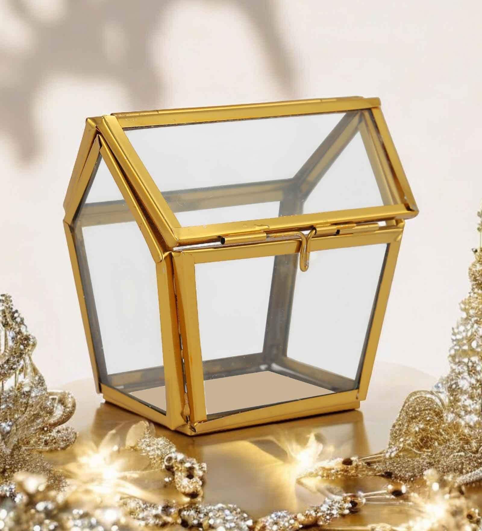 House Shaped Brass & Glass Jewellery Organizer Decorative Box