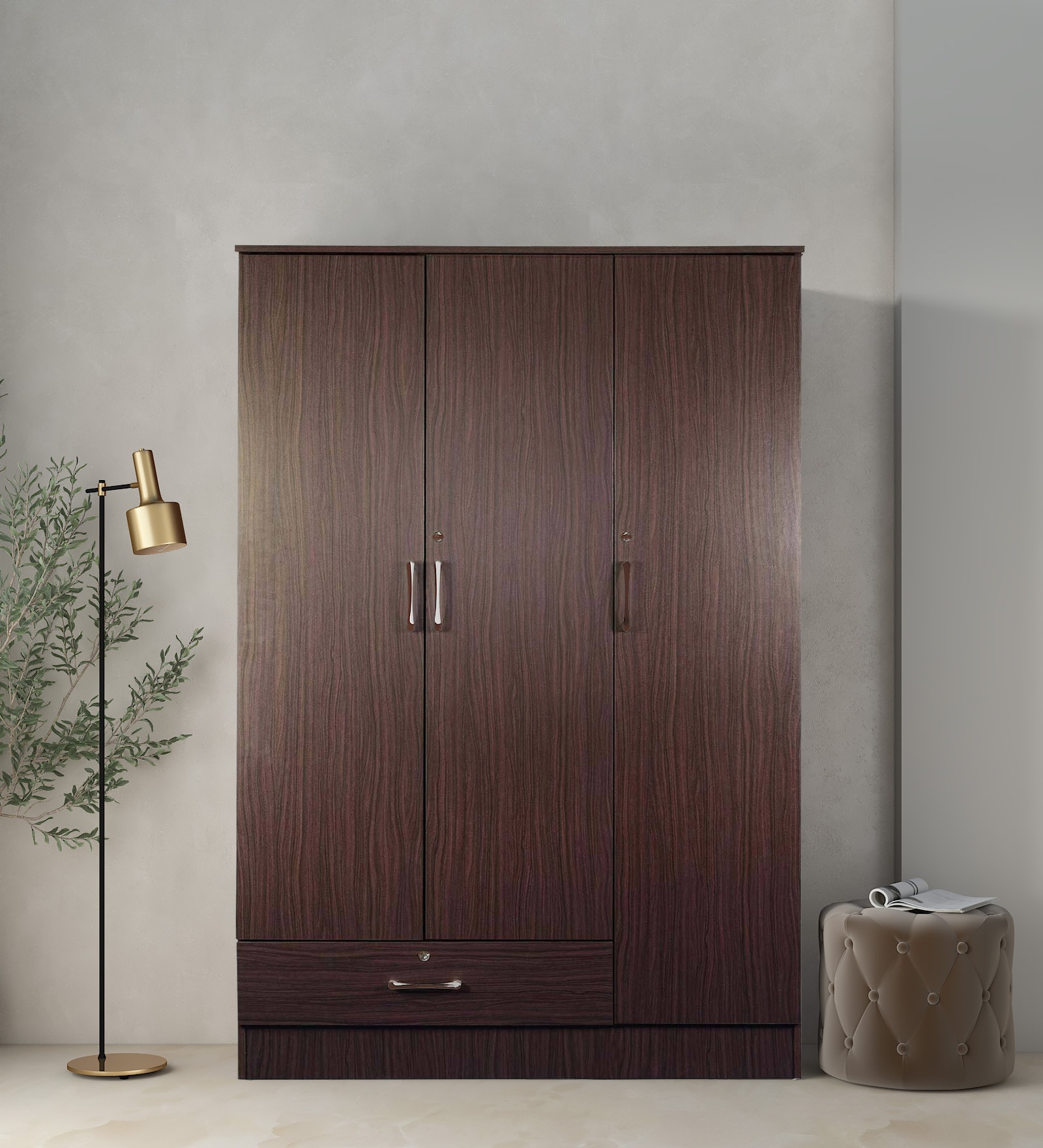 Housen 3 Door Wardrobe in Walnut Finish with Lock