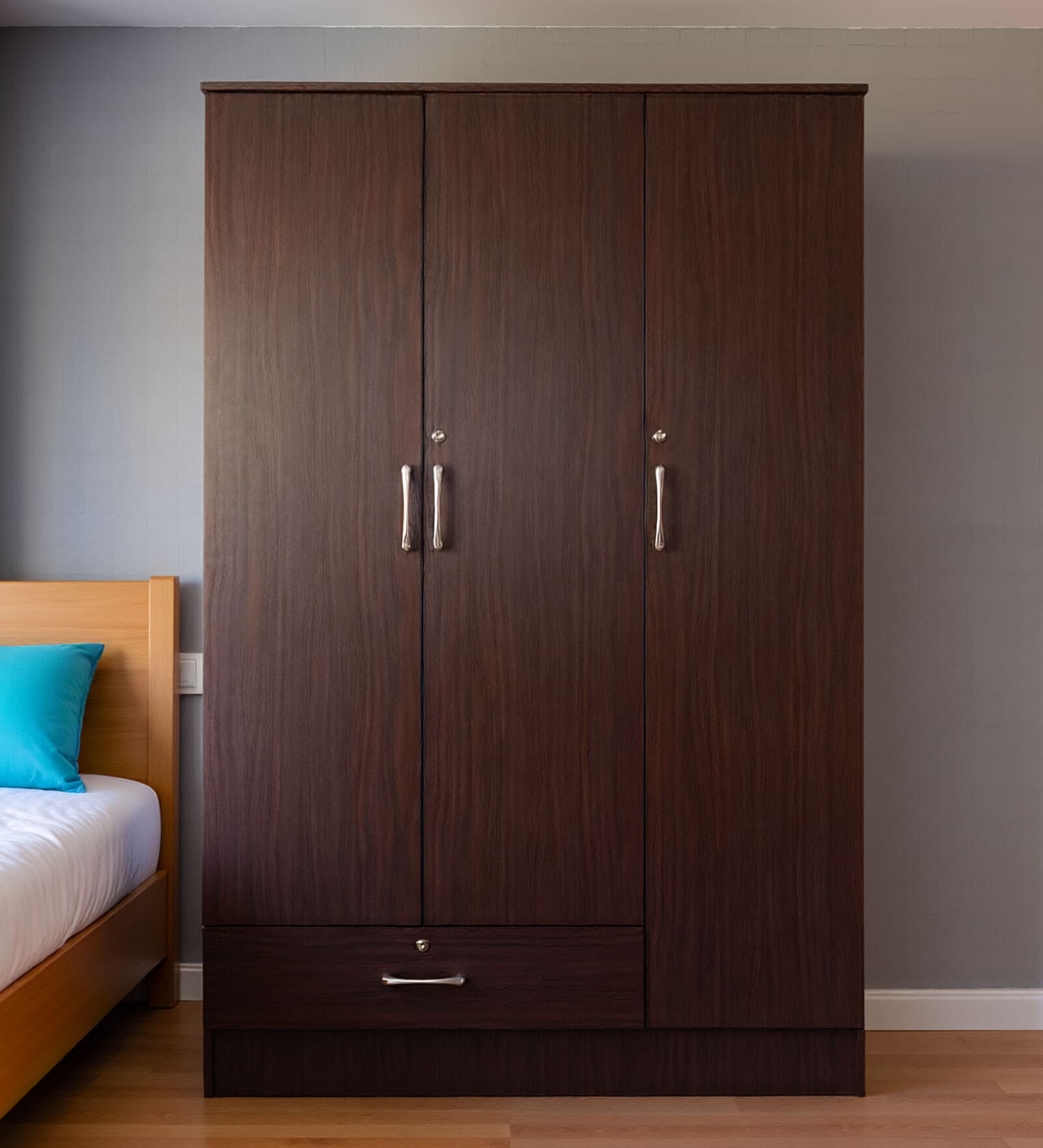 Housen 3 Door Wardrobe in Walnut Finish with Lock