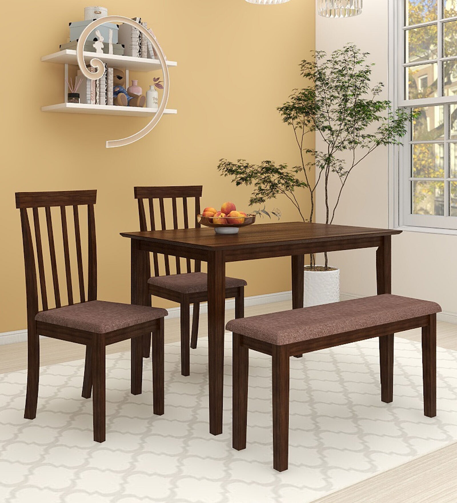 Houston Solid Wood 4 Seater Dining Set With Bench In Brown Finish