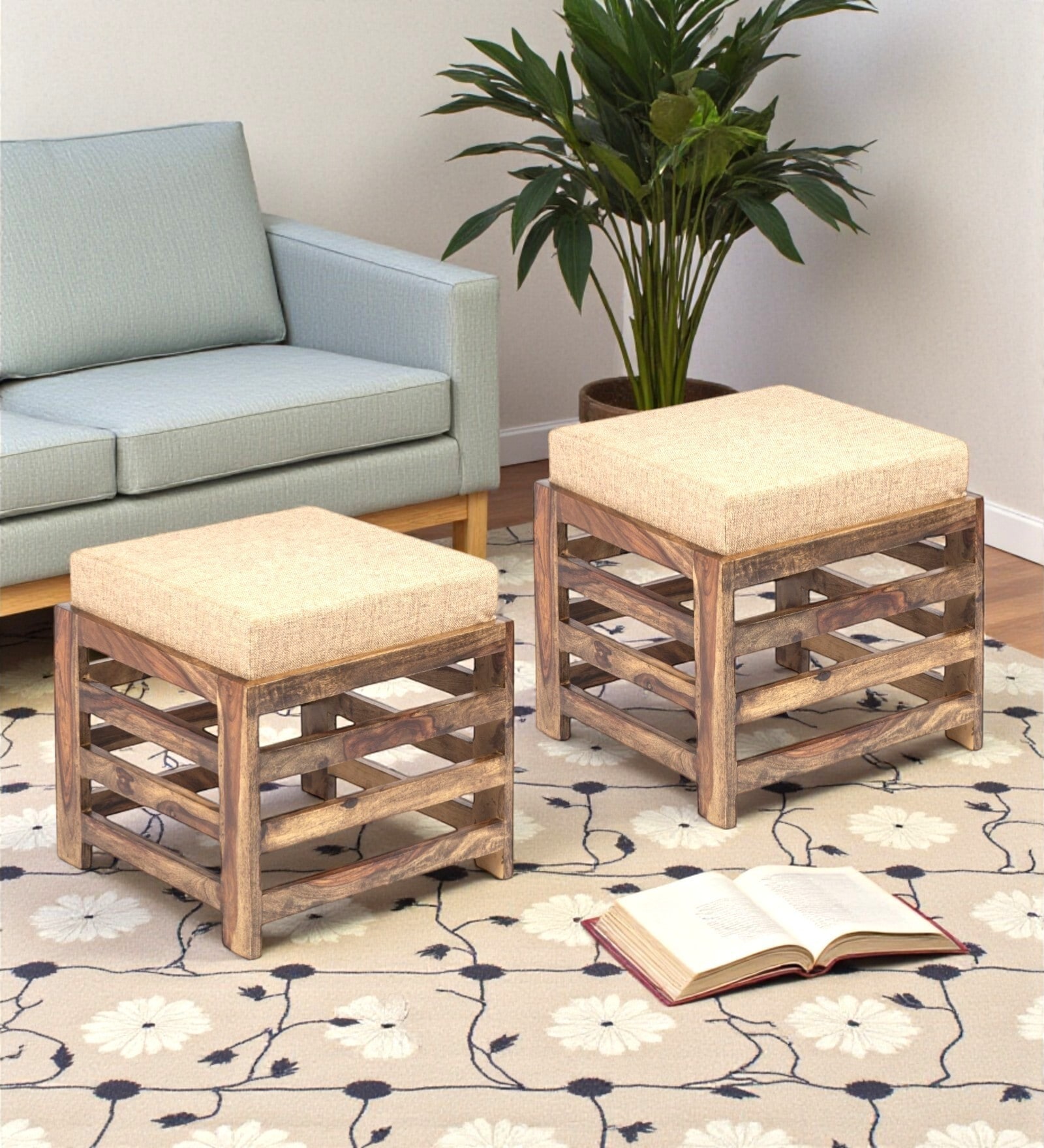 Houston Stool Set Of 2 In Jute Beige Colour