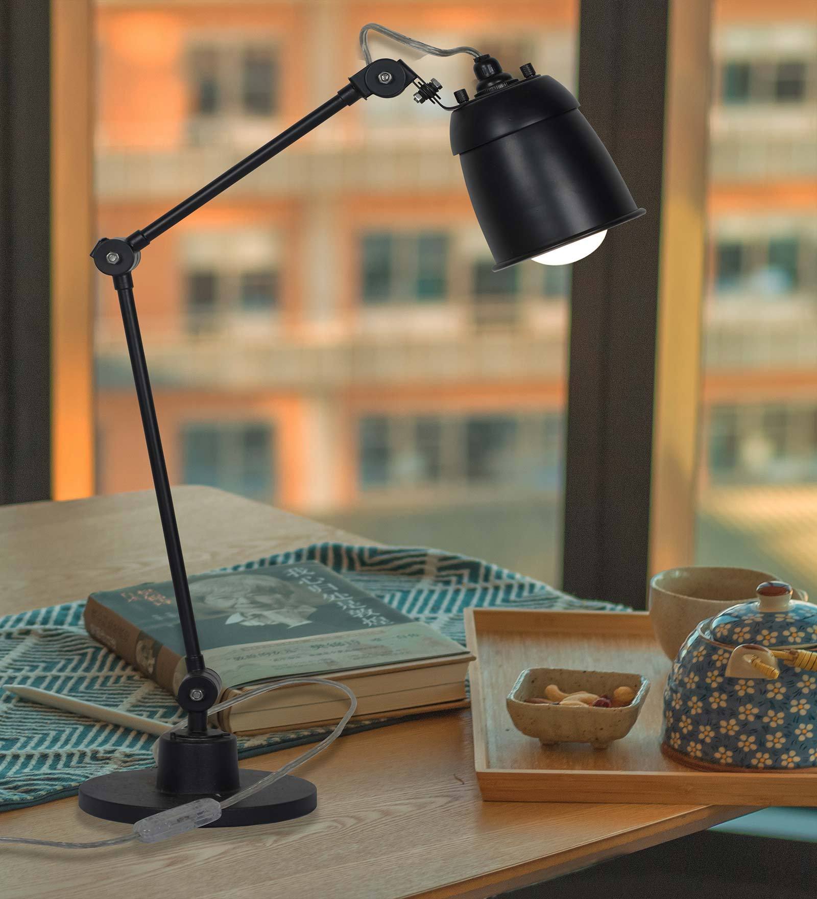 Howmini Black Metal Shade Table Lamp with Black Base