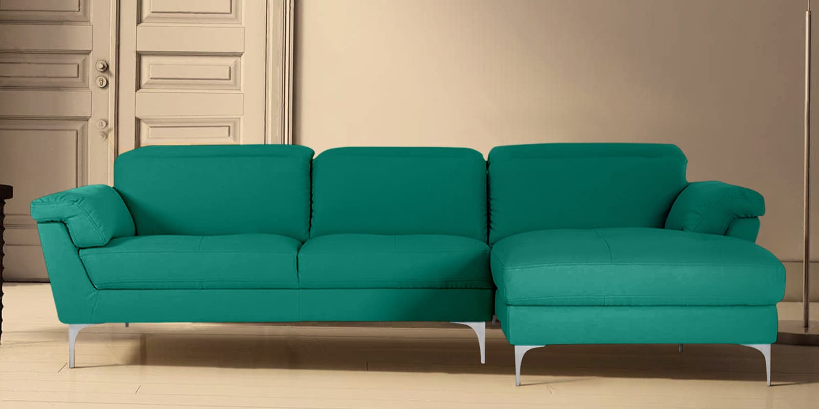 Honora Leatherette LHS Sectional Sofa (2+ Lounger) In Green Color