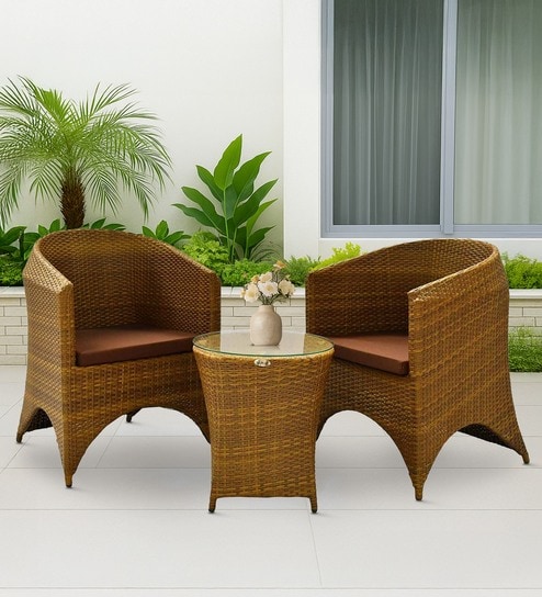 Hobart Wicker Table And Chair Set ( With 2 Chairs ) In Brown Finish