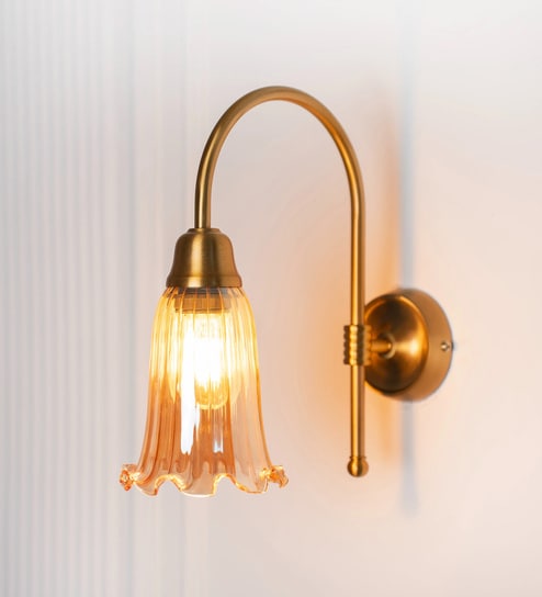 Hockey Wall Lamp Antique Brass Finish with Fluted Flower Glass Golden Luster