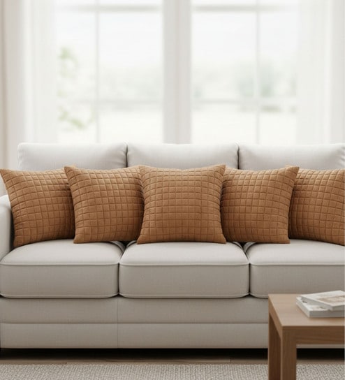 Brown Velvet Embroidered 16X16 Inches 5Pcs Cushion Covers