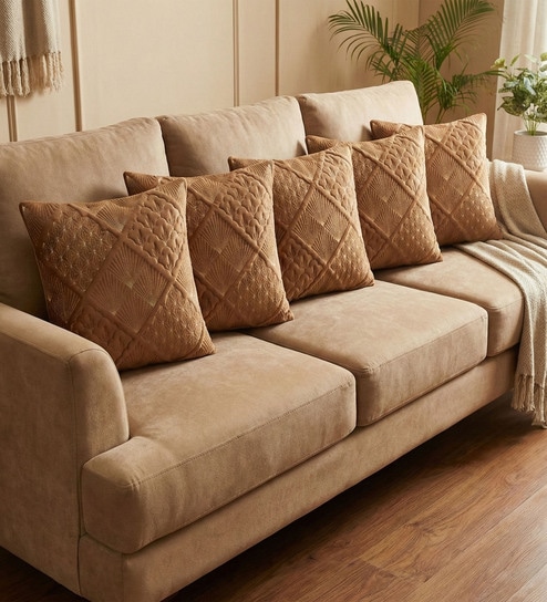 Brown Velvet Embroidered 16X16 Inches 5Pcs Cushion Covers
