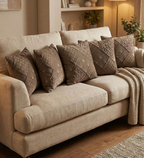 Grey Velvet Embroidered 16X16 Inches 5Pcs Cushion Covers