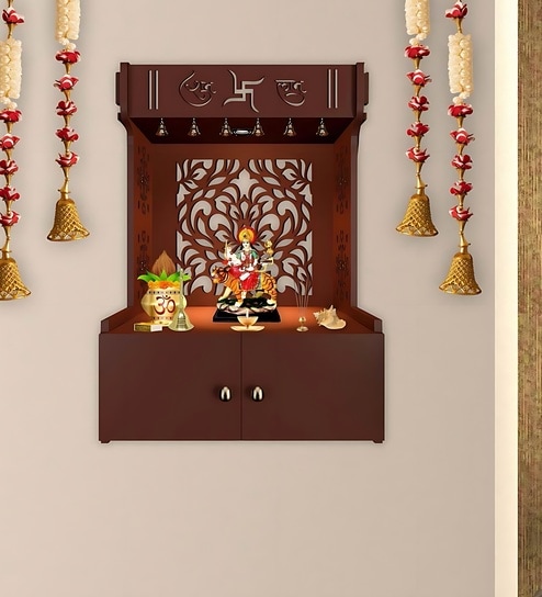 Holy Swastika Symbol of Hindu Religious Brown Wooden Wall Temple for Home With Inbuilt focus Lights & Spacious Shelf