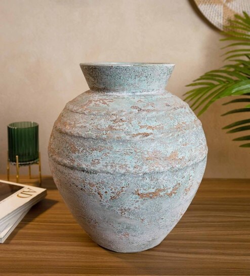 (1Pc) Sea Green & Brown Terracotta Flower Vase For Living Room Decor