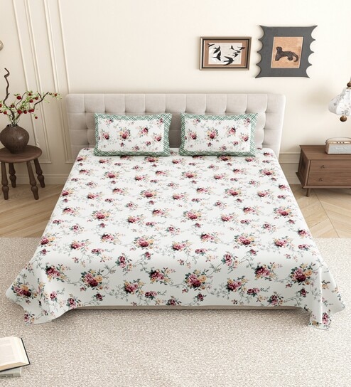 Green Floral 144 TC Cotton King Size  King Size Bedsheet With 2 Pillow Cover