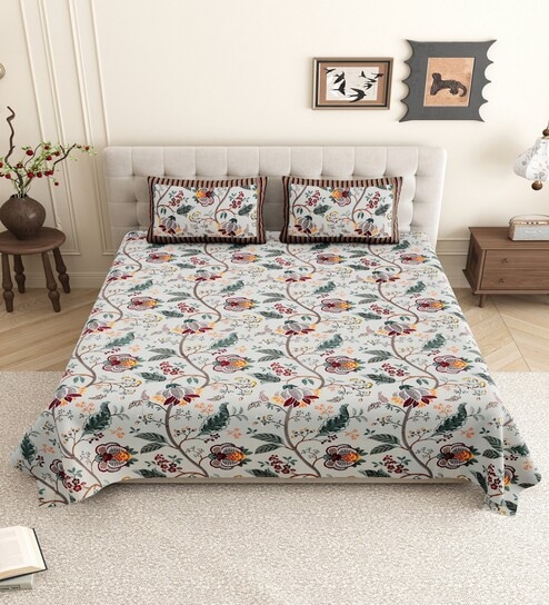 Ice Blue Floral 144 TC Cotton King Size  King Size Bedsheet With 2 Pillow Cover