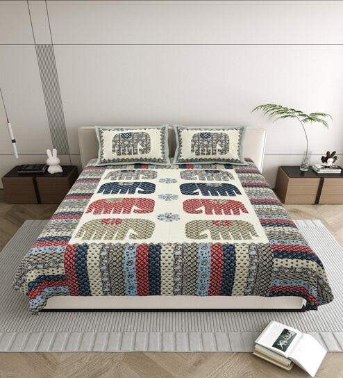Green Elephant Print 144 TC Cotton Size Double  Bedsheet With 2 Pillow Cover