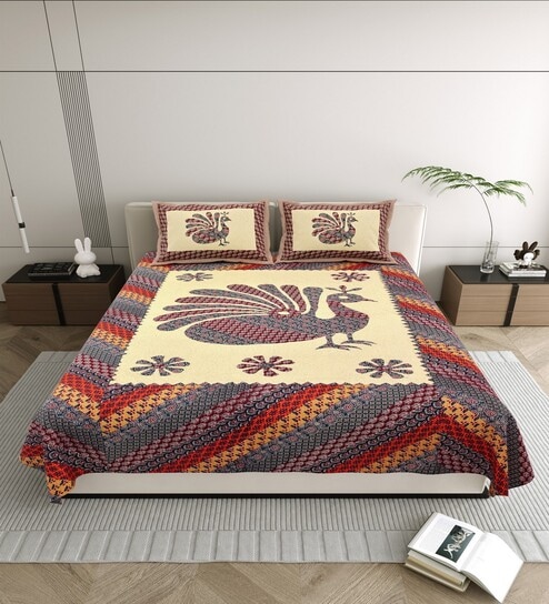 Plum Peacock Print 144 TC Cotton Size Double  Bedsheet With 2 Pillow Cover