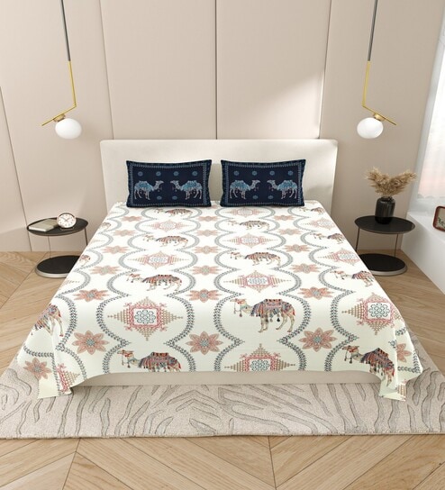 White And Blue Floral 144 TC Cotton King Size Bedsheet With 2 Pillow Cover White And Blue Floral 144 TC Cotton King Size Bedsheet With 2 Pillow Cover