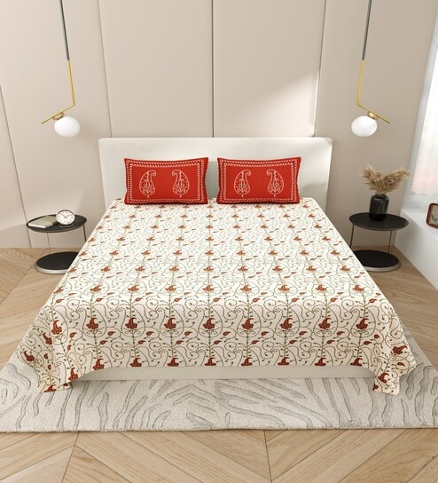 Red Traditional print 144 TC Cotton King Size  Bedsheet With 2 Pillow Cover