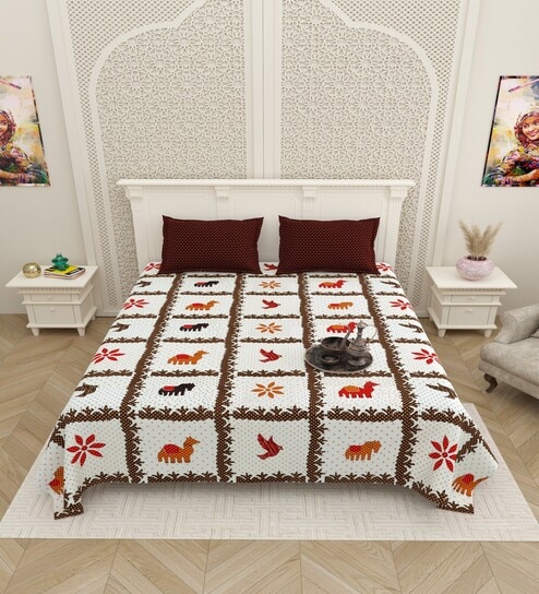 Brown Traditional print 144 TC Cotton King Size  Bedsheet With 2 Pillow Cover