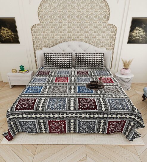 Grey Traditional print 144 TC Cotton King Size  Bedsheet With 2 Pillow Cover