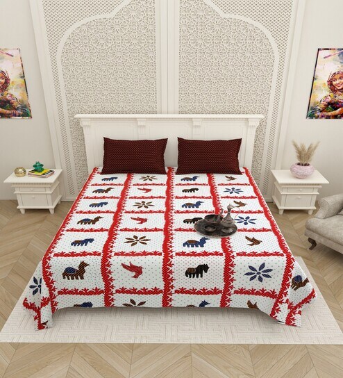 Red Traditional print 144 TC Cotton King Size  Bedsheet With 2 Pillow Cover