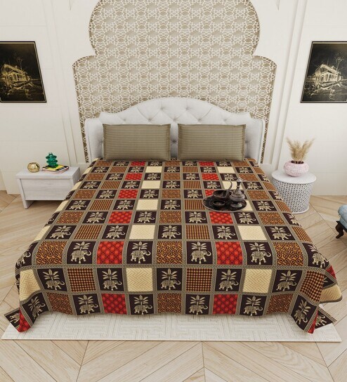 Beige Traditional print 144 TC Cotton King Size  Bedsheet With 2 Pillow Cover