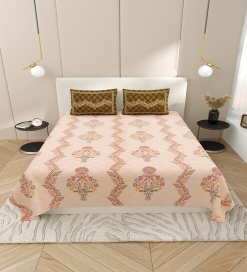 Peach Block Print  144 TC Cotton King Size  Bedsheet With 2 Pillow Cover