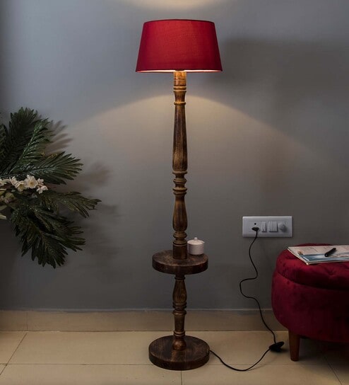 Accent Khadi Cotton Shade Shelf Floor Lamp With Wood Base