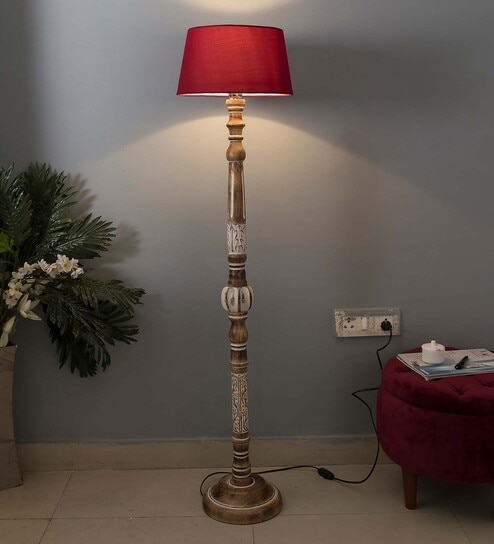 Orem Maroon Cotton Shade Club Floor Lamp With Wood Base