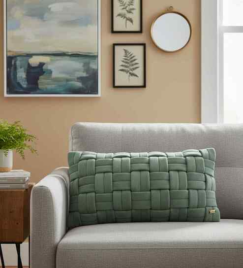 Honey Dew 100% Cotton 12X20 Inches Knitted Cushion Cover With Filler