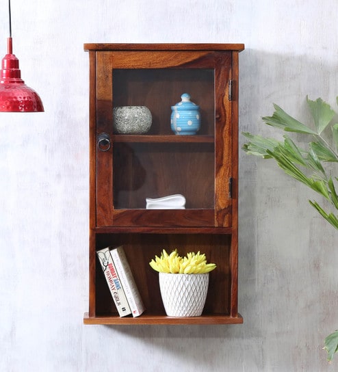 Buy Solid Wood Cabinet Wall Shelf With Glass Door In Honey Finish