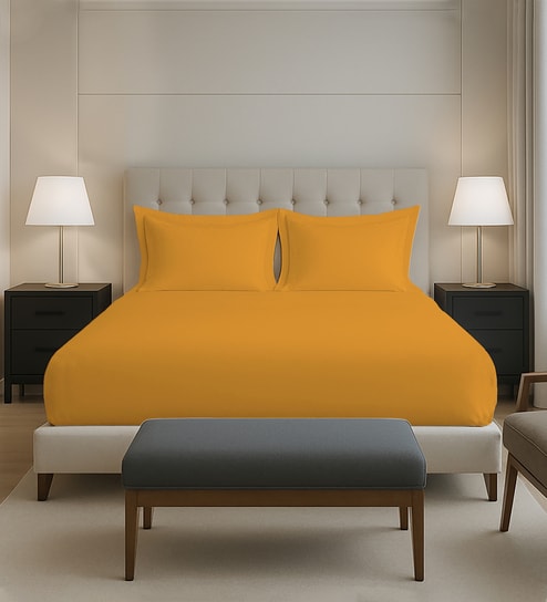 Honey Gold Solid 400 TC Cotton Queen Sized Fitted sheet with 2 Pillow Covers
