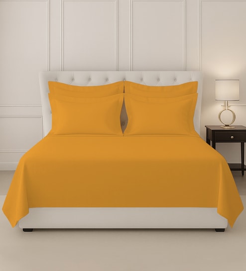 Honey Gold Solid 400 TC Cotton Super King Sized Bedsheet with 4 Pillow Covers