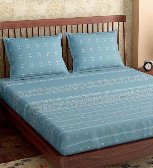 Blue Traditional 300 TC 100% Cotton King Sized Bed Sheets with 2 Pillow Covers by Petal Home