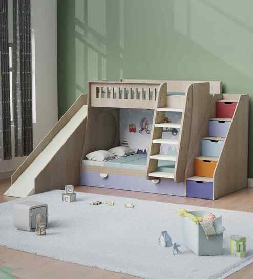 Hop N  Slide Bed Oak with Purple Drawers Storage, Ladder, Multicolor Staircase Storage and Slide - Animal Rider print at the back