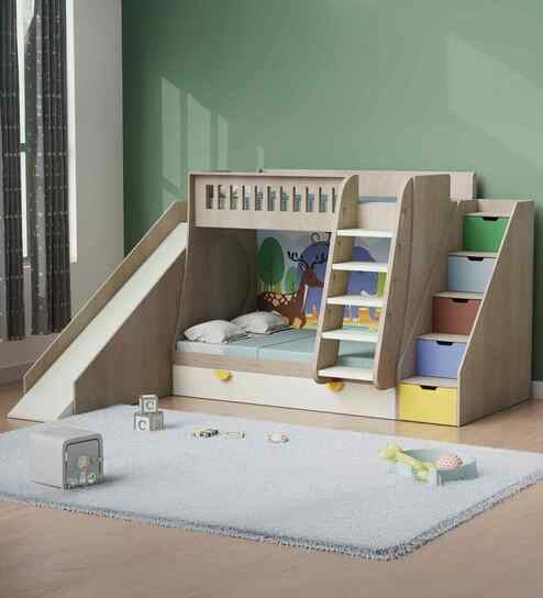 Hop N  Slide Bed Oak with White Drawers Storage, Ladder, Multicolor Staircase Storage and Slide - Animal print at the back