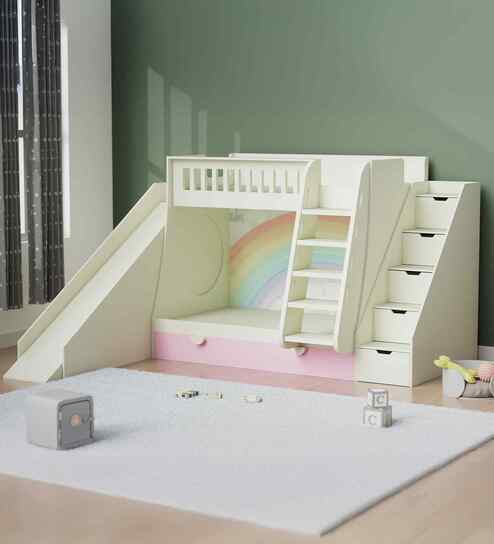 Hop N  Slide Bed  With Pink Drawers Storage, Ladder, Multicolor Staircase Storage and Slide - Rainbow print at the back