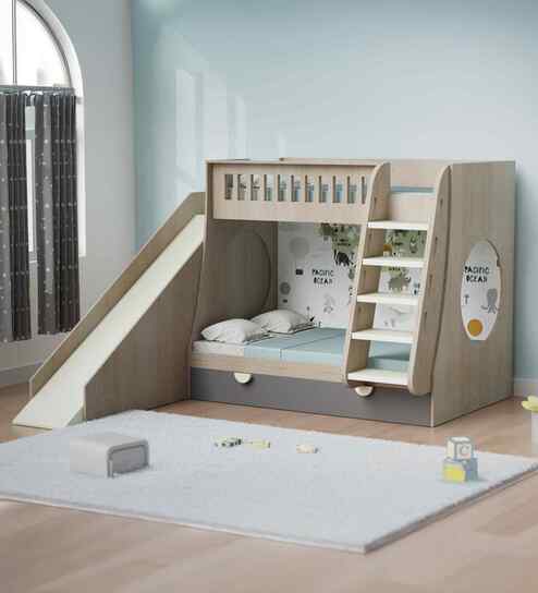 Hop on Top Bunk Bed With Grey Drawers Storage, Ladder and Slide - Ocean print at the back