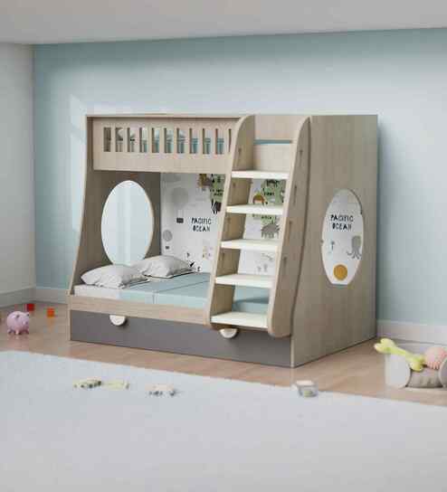Hop on Top Bunk Bed With Grey Drawers Storage and Ladder - Ocean print at the back