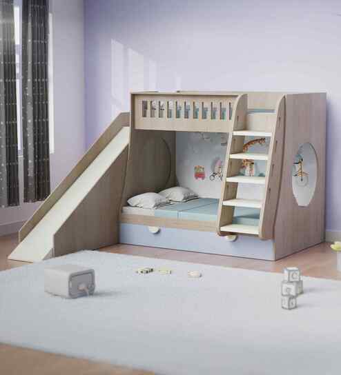 Hop on Top Bunk Bed With Purple Drawers Storage, Ladder and Slide - Animal Rider print at the back