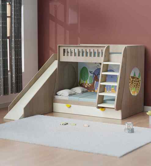 Hop on Top Bunk Bed  With White Drawers Storage, Ladder and Slide - Animal print at the back