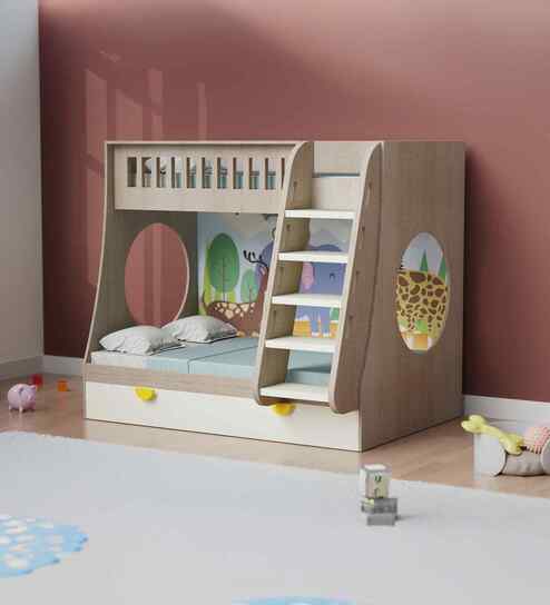 Hop on Top Bunk Bed  With White Drawers Storage and Ladder - Animal print at the back