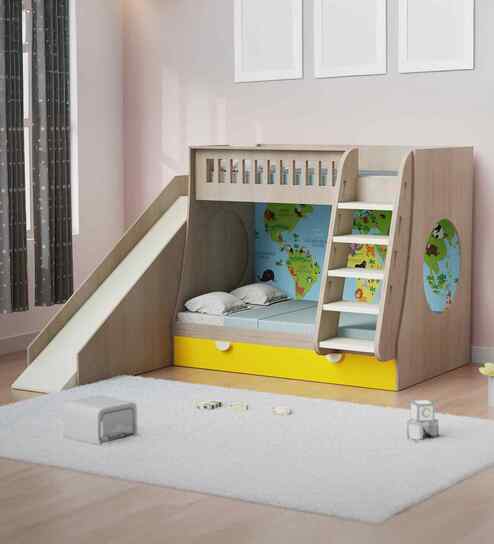 Hop on Top Bunk Bed With Yellow Drawers Storage, Ladder and Slide - Globe print at the back