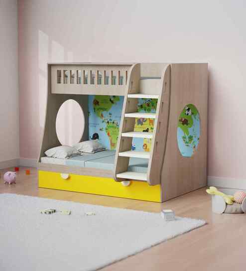 Hop on Top Bunk Bed  With Yellow Drawers Storage and Ladder - Globe print at the back