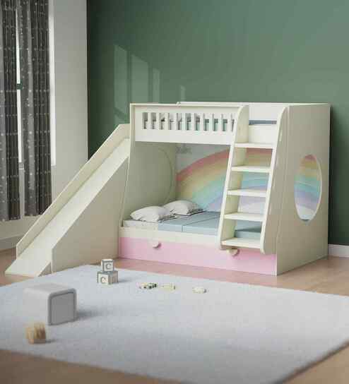 Hop on Top Bunk Bed With Pink Drawers Storage, Ladder and Slide  - Rainbow print at the back
