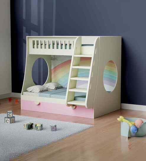 Hop on Top Bunk Bed  With Pink Drawers Storage and Ladder  - Rainbow print at the back