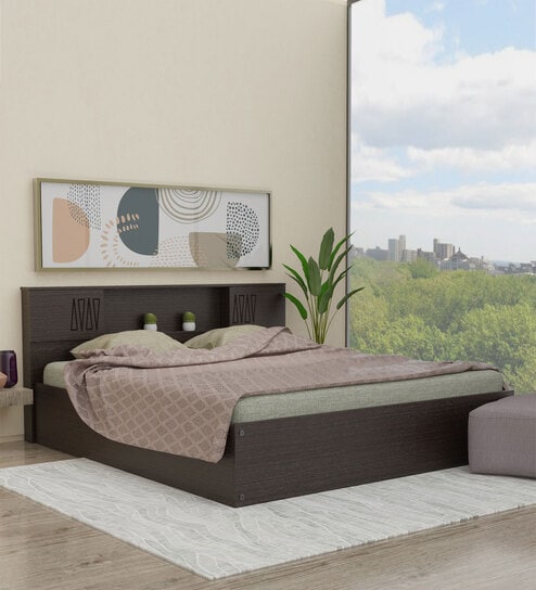 Horae King Size Bed in Wenge Finish with Headboard & Box Storage