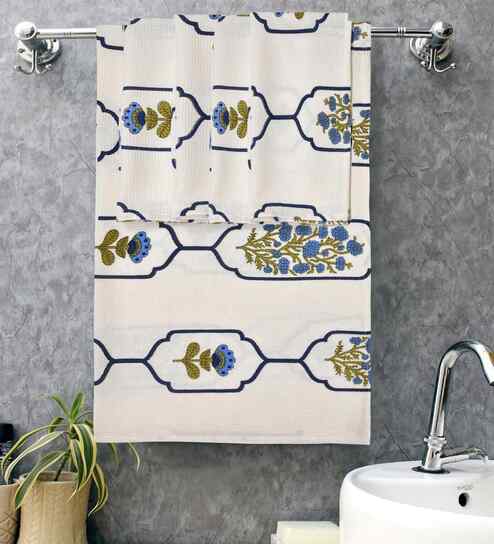 Horizon Blue Madhuban Floral Waffle Cotton 250 GSM Bath & Hand Towel Set