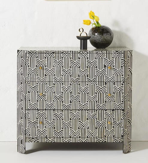 Hornbill Bone Inlay Chest of Drawer In Black Finish