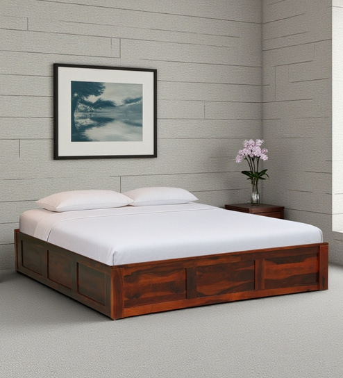 Horten Sheesham Wood King Size Bed In Honey Oak  Finish With Hydraulic Storage