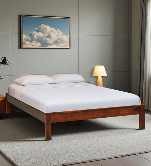 Horten Sheesham Wood Queen Size Bed In Honey Oak  Finish