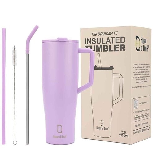 House of Quirk 1200ML Drinkmate Tumbler with Handle and 2 Straw Flip Lid, Stainless Steel Large Water Bottle Gifts for Women Men Him Her (Lilac)